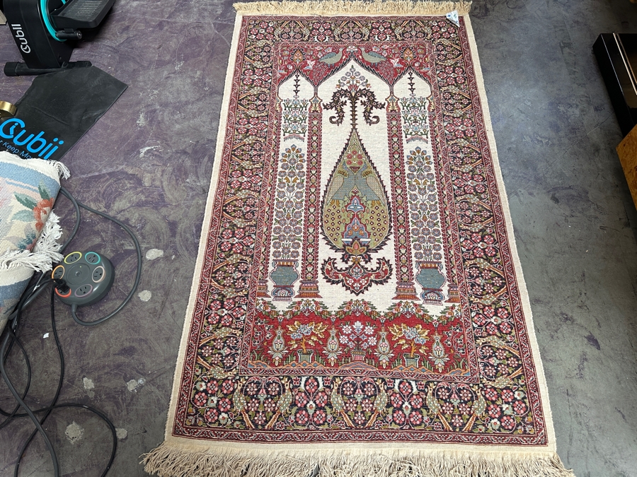Stunning Hand Knotted Silk Persian Kashmir Prayer Rug Signed 36 X 64 [Photo 13]