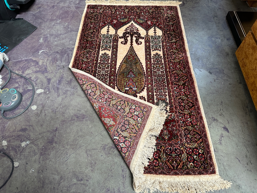 Stunning Hand Knotted Silk Persian Kashmir Prayer Rug Signed 36 X 64 [Photo 12]