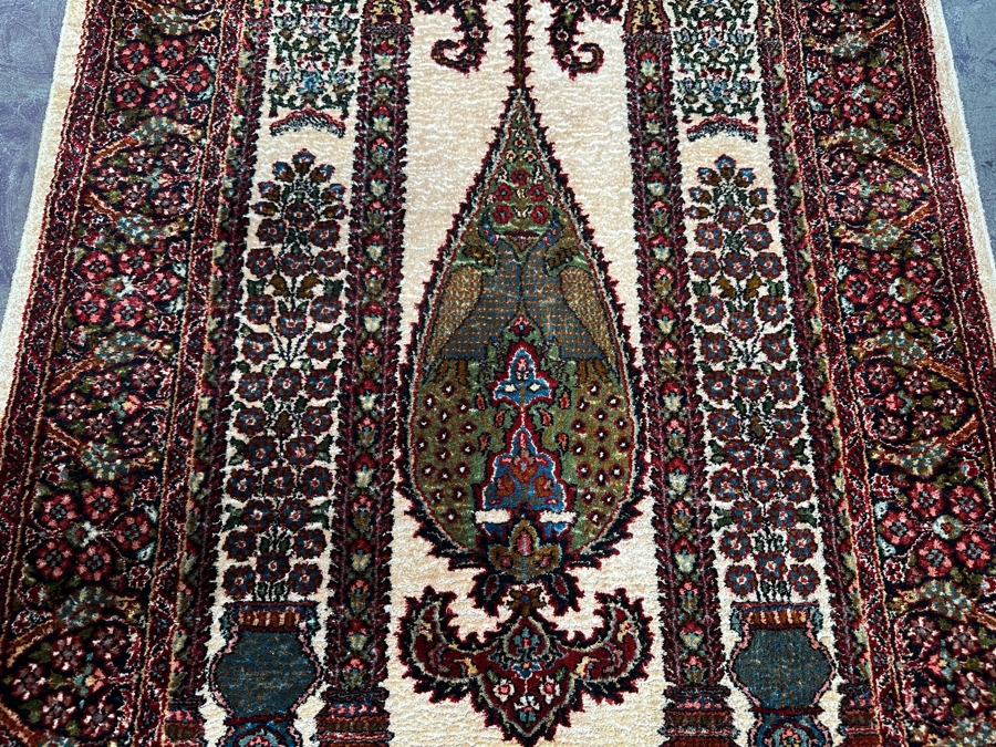 Stunning Hand Knotted Silk Persian Kashmir Prayer Rug Signed 36 X 64 [Photo 8]