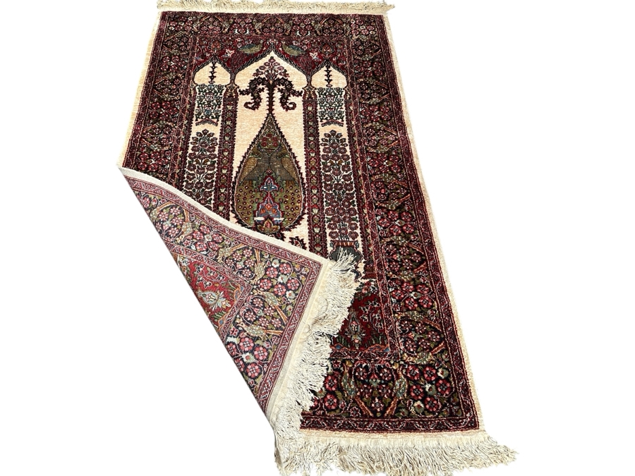 Stunning Hand Knotted Silk Persian Kashmir Prayer Rug Signed 36 X 64 [Photo 2]