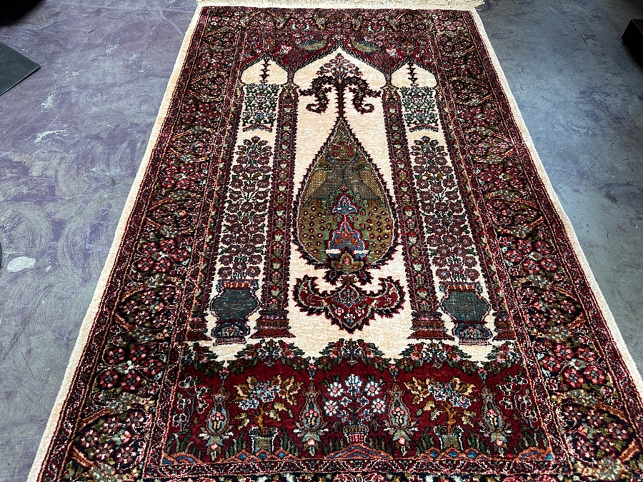 Stunning Hand Knotted Silk Persian Kashmir Prayer Rug Signed 36 X 64 [Photo 7]