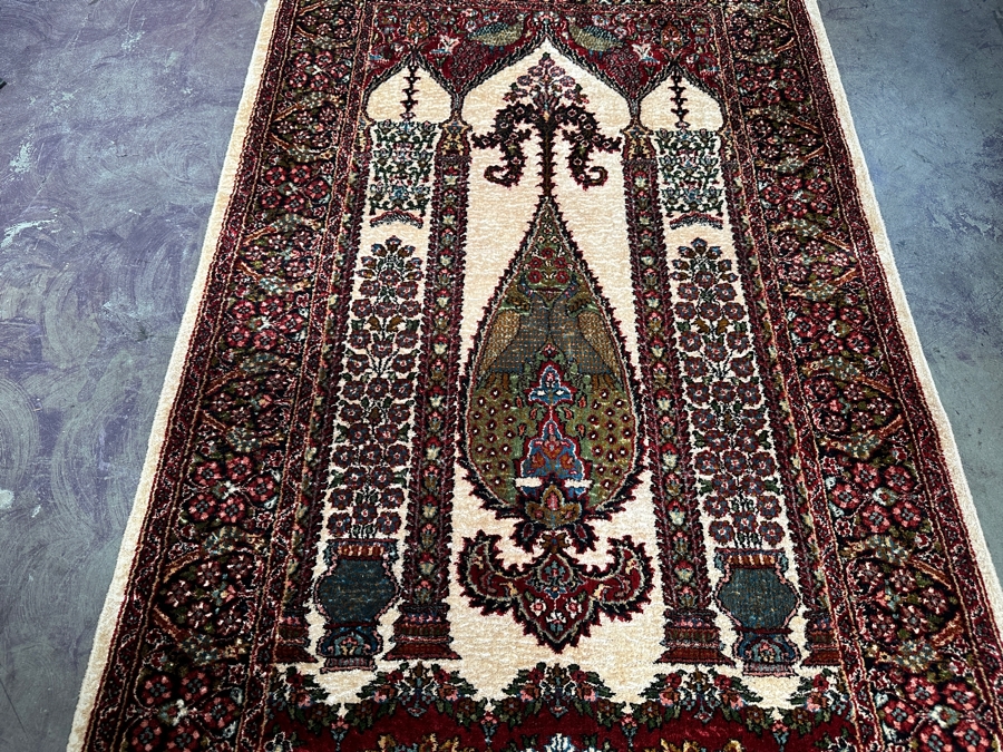 Stunning Hand Knotted Silk Persian Kashmir Prayer Rug Signed 36 X 64 [Photo 4]