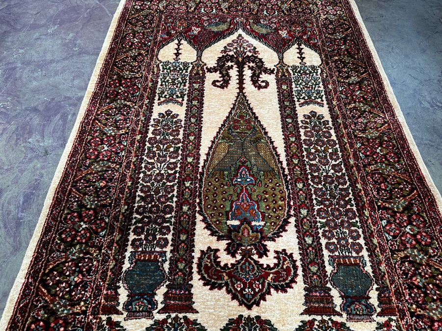Stunning Hand Knotted Silk Persian Kashmir Prayer Rug Signed 36 X 64 [Photo 5]