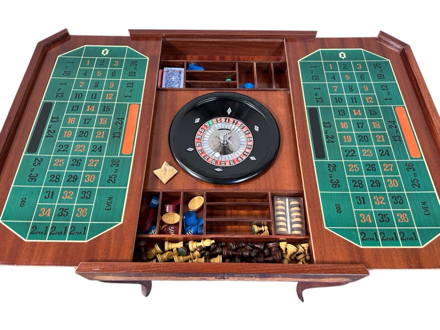 Vintage Italian Marquetry Inlaid Mutli-Game Gaming Table Dal Negro, Treviso Featuring Roulette, Chess & Backgammon With Playing Cards And Pieces 30W X 30D X 29.5H [Photo 5]