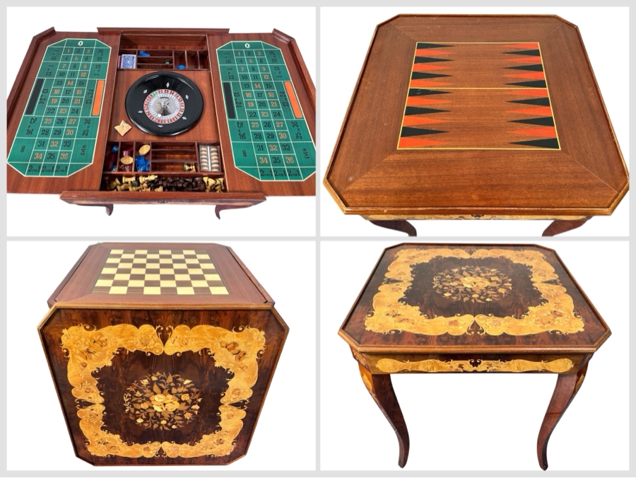 Vintage Italian Marquetry Inlaid Mutli-Game Gaming Table Dal Negro, Treviso Featuring Roulette, Chess & Backgammon With Playing Cards And Pieces 30W X 30D X 29.5H