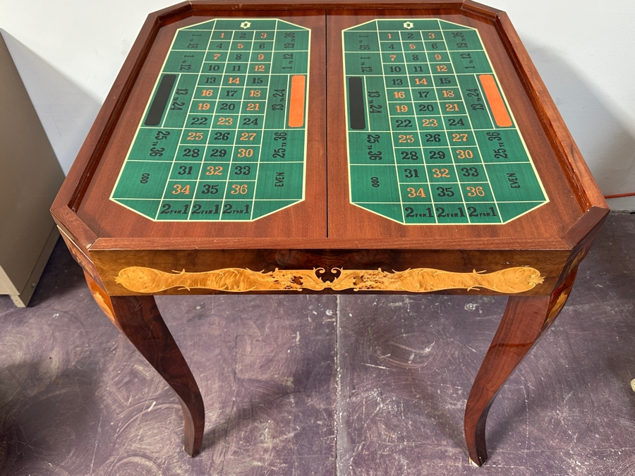 Vintage Italian Marquetry Inlaid Mutli-Game Gaming Table Dal Negro, Treviso Featuring Roulette, Chess & Backgammon With Playing Cards And Pieces 30W X 30D X 29.5H [Photo 7]