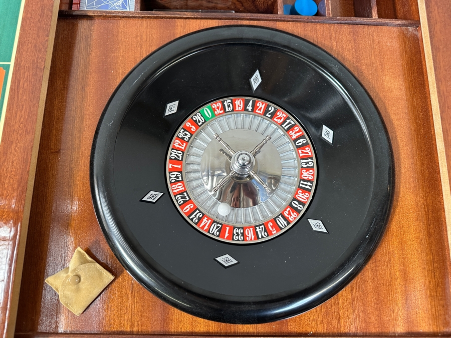 Vintage Italian Marquetry Inlaid Mutli-Game Gaming Table Dal Negro, Treviso Featuring Roulette, Chess & Backgammon With Playing Cards And Pieces 30W X 30D X 29.5H [Photo 11]