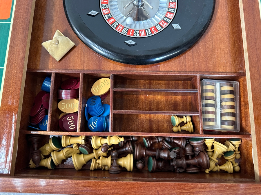 Vintage Italian Marquetry Inlaid Mutli-Game Gaming Table Dal Negro, Treviso Featuring Roulette, Chess & Backgammon With Playing Cards And Pieces 30W X 30D X 29.5H [Photo 12]