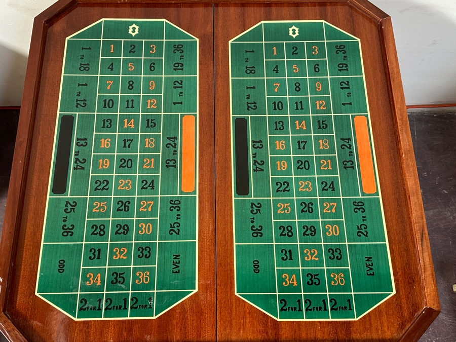 Vintage Italian Marquetry Inlaid Mutli-Game Gaming Table Dal Negro, Treviso Featuring Roulette, Chess & Backgammon With Playing Cards And Pieces 30W X 30D X 29.5H [Photo 9]