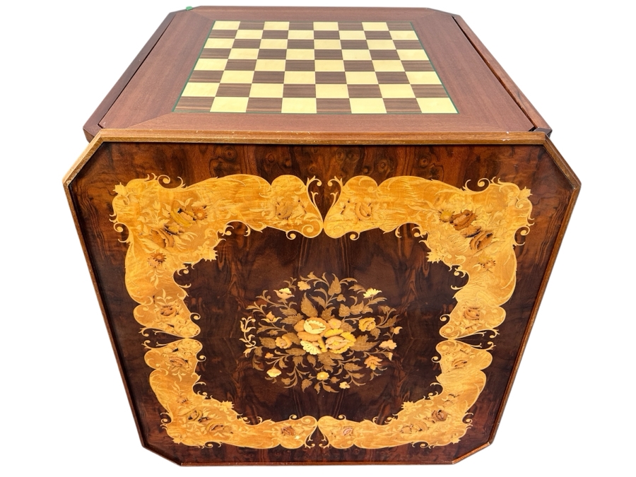 Vintage Italian Marquetry Inlaid Mutli-Game Gaming Table Dal Negro, Treviso Featuring Roulette, Chess & Backgammon With Playing Cards And Pieces 30W X 30D X 29.5H [Photo 3]