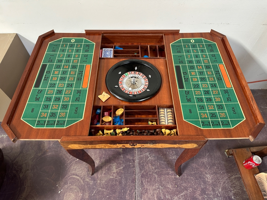 Vintage Italian Marquetry Inlaid Mutli-Game Gaming Table Dal Negro, Treviso Featuring Roulette, Chess & Backgammon With Playing Cards And Pieces 30W X 30D X 29.5H [Photo 10]