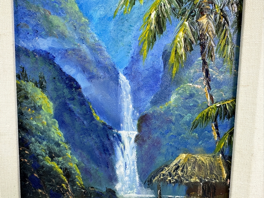 Stephen Sands (B. 1930, Hawaii) Original Plein Air Oil Painting On Canvas Of A Hawaiian Waterfall Dated 2001 7.5 X 9.5 Framed 12 X 14 [Photo 5]