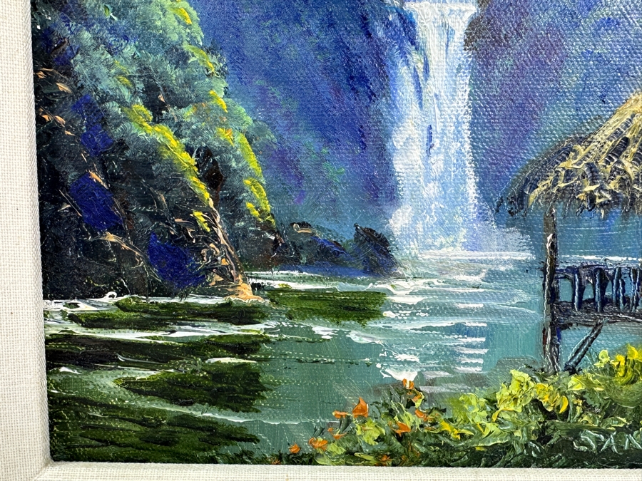 Stephen Sands (B. 1930, Hawaii) Original Plein Air Oil Painting On Canvas Of A Hawaiian Waterfall Dated 2001 7.5 X 9.5 Framed 12 X 14 [Photo 4]