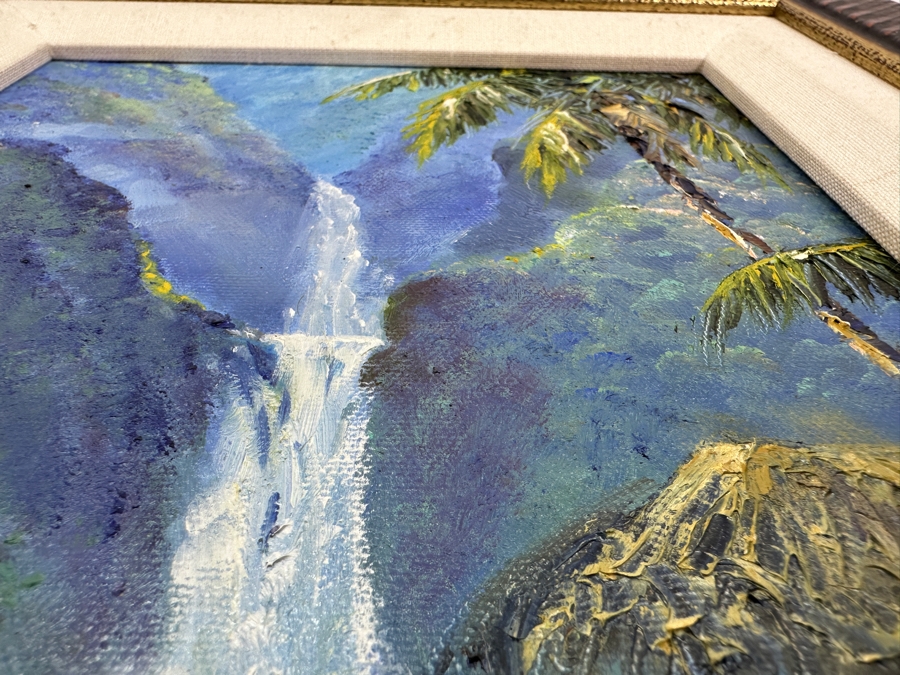 Stephen Sands (B. 1930, Hawaii) Original Plein Air Oil Painting On Canvas Of A Hawaiian Waterfall Dated 2001 7.5 X 9.5 Framed 12 X 14 [Photo 7]