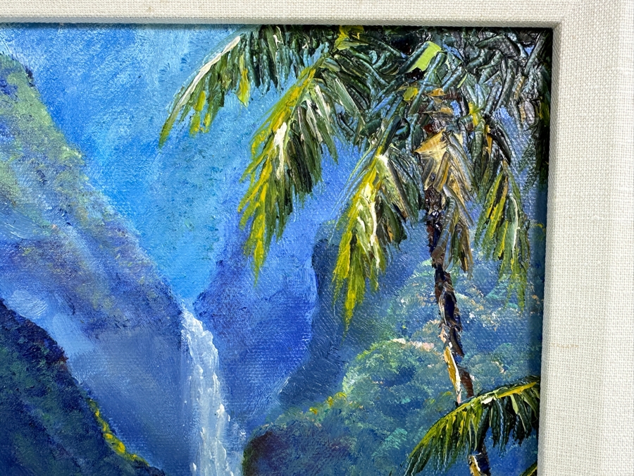 Stephen Sands (B. 1930, Hawaii) Original Plein Air Oil Painting On Canvas Of A Hawaiian Waterfall Dated 2001 7.5 X 9.5 Framed 12 X 14 [Photo 6]
