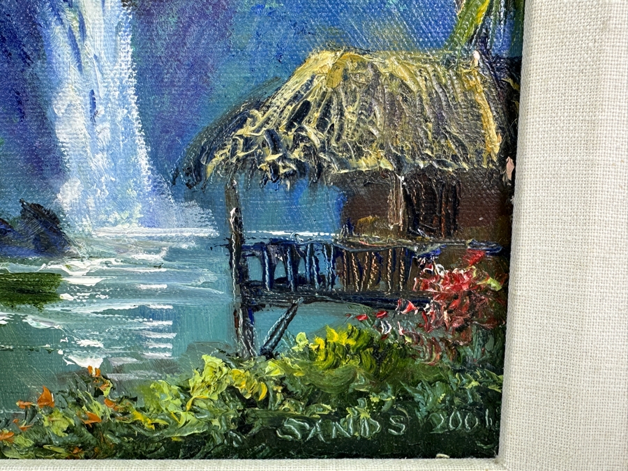 Stephen Sands (B. 1930, Hawaii) Original Plein Air Oil Painting On Canvas Of A Hawaiian Waterfall Dated 2001 7.5 X 9.5 Framed 12 X 14 [Photo 3]