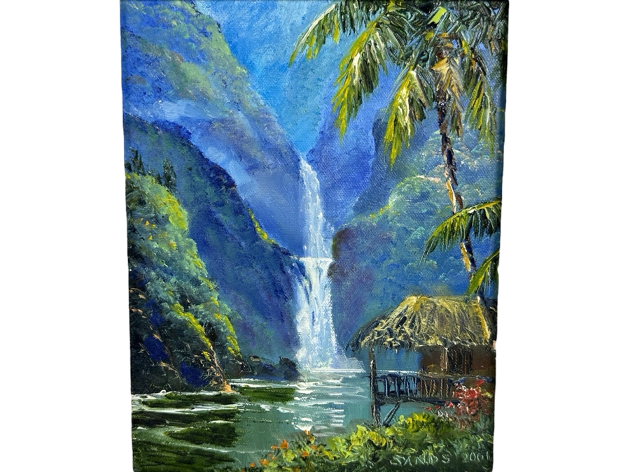 Stephen Sands (B. 1930, Hawaii) Original Plein Air Oil Painting On Canvas Of A Hawaiian Waterfall Dated 2001 7.5 X 9.5 Framed 12 X 14 [Photo 1]