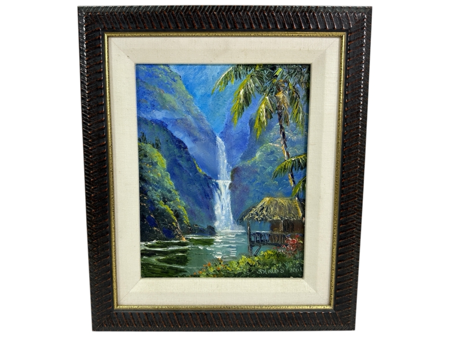 Stephen Sands (B. 1930, Hawaii) Original Plein Air Oil Painting On Canvas Of A Hawaiian Waterfall Dated 2001 7.5 X 9.5 Framed 12 X 14 [Photo 2]