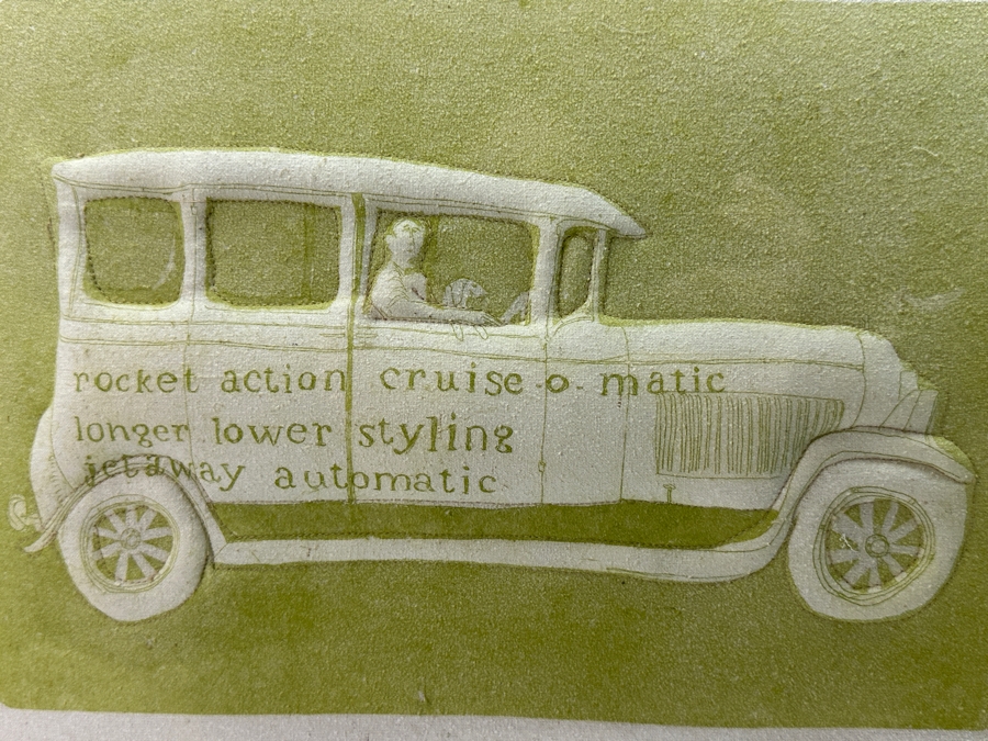 Marion A. Baker Original Mixed Media Fabric Artwork Titled 'Double Rocket Action' Displayed In A Lucite Shadowbox Frame 31.5W X 18H X 5D [Photo 3]