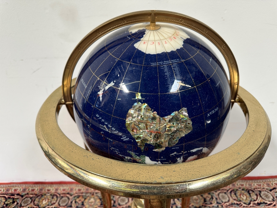 Vintage Semi-Precious Stone Inlay Blue Lapis Lazuli World Globe On Brass Stand 34H [Photo 8]