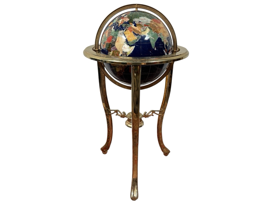 Vintage Semi-Precious Stone Inlay Blue Lapis Lazuli World Globe On Brass Stand 34H [Photo 1]