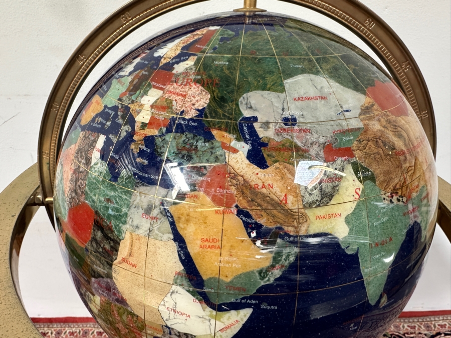 Vintage Semi-Precious Stone Inlay Blue Lapis Lazuli World Globe On Brass Stand 34H [Photo 4]