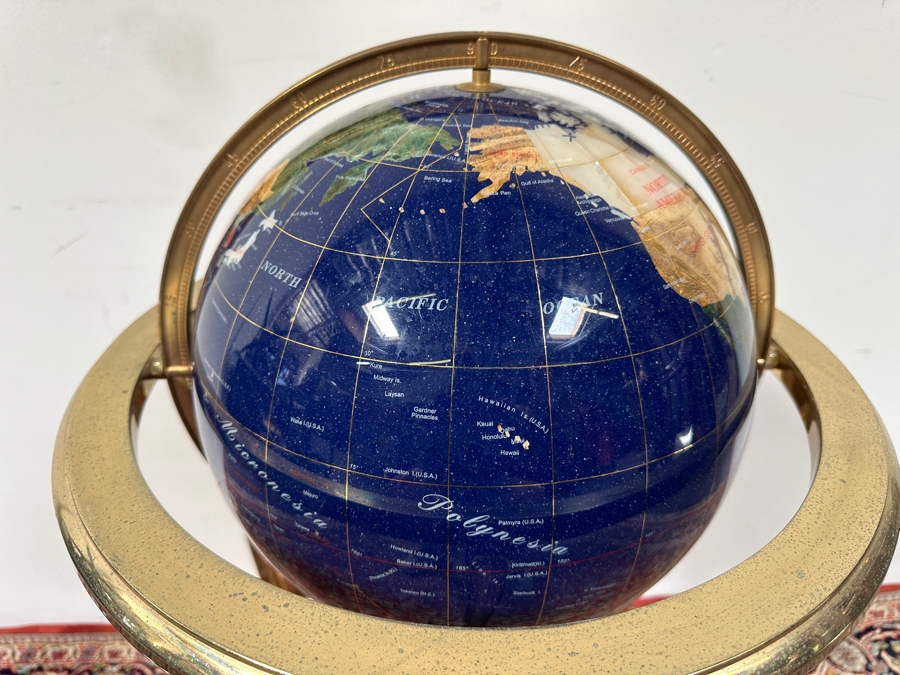 Vintage Semi-Precious Stone Inlay Blue Lapis Lazuli World Globe On Brass Stand 34H [Photo 6]