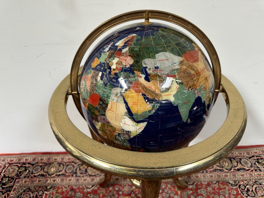 Vintage Semi-Precious Stone Inlay Blue Lapis Lazuli World Globe On Brass Stand 34H [Photo 3]