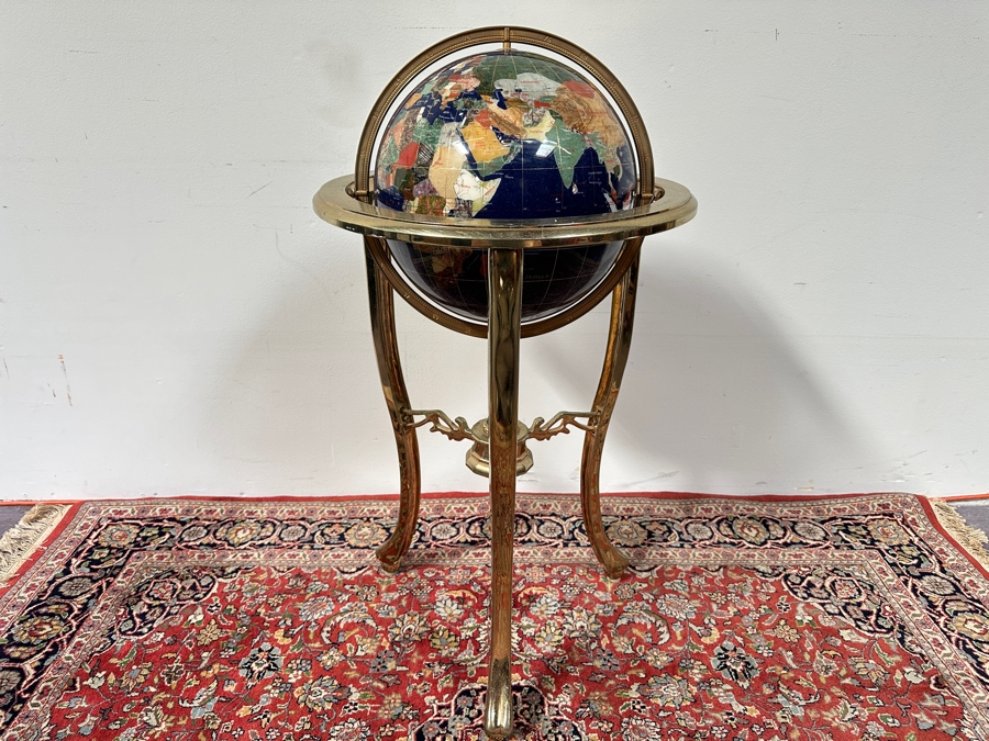 Vintage Semi-Precious Stone Inlay Blue Lapis Lazuli World Globe On Brass Stand 34H [Photo 2]