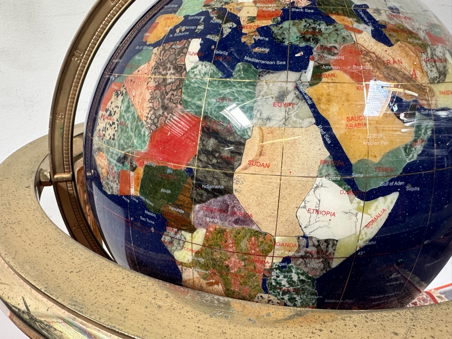 Vintage Semi-Precious Stone Inlay Blue Lapis Lazuli World Globe On Brass Stand 34H [Photo 5]