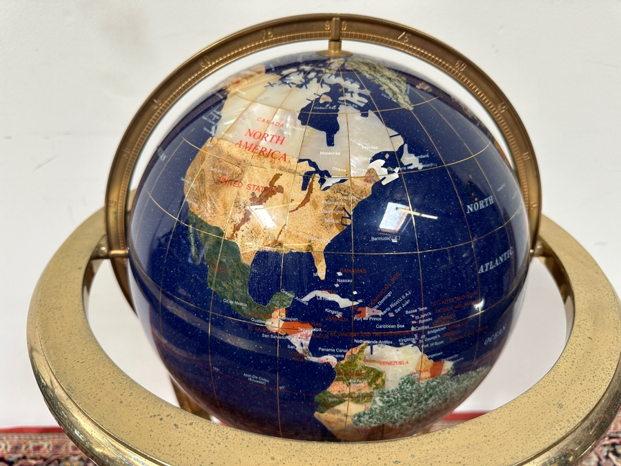 Vintage Semi-Precious Stone Inlay Blue Lapis Lazuli World Globe On Brass Stand 34H [Photo 7]