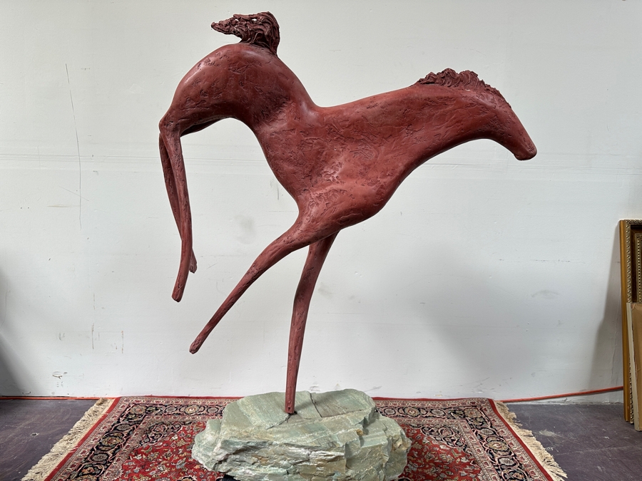 Rick Gregg Large Original Horse Sculpture 1997 On Large Green Stone Base (This Is A Model Of An Outdoor Public Sculpture) 44W X 14D X 55H [Photo 4]