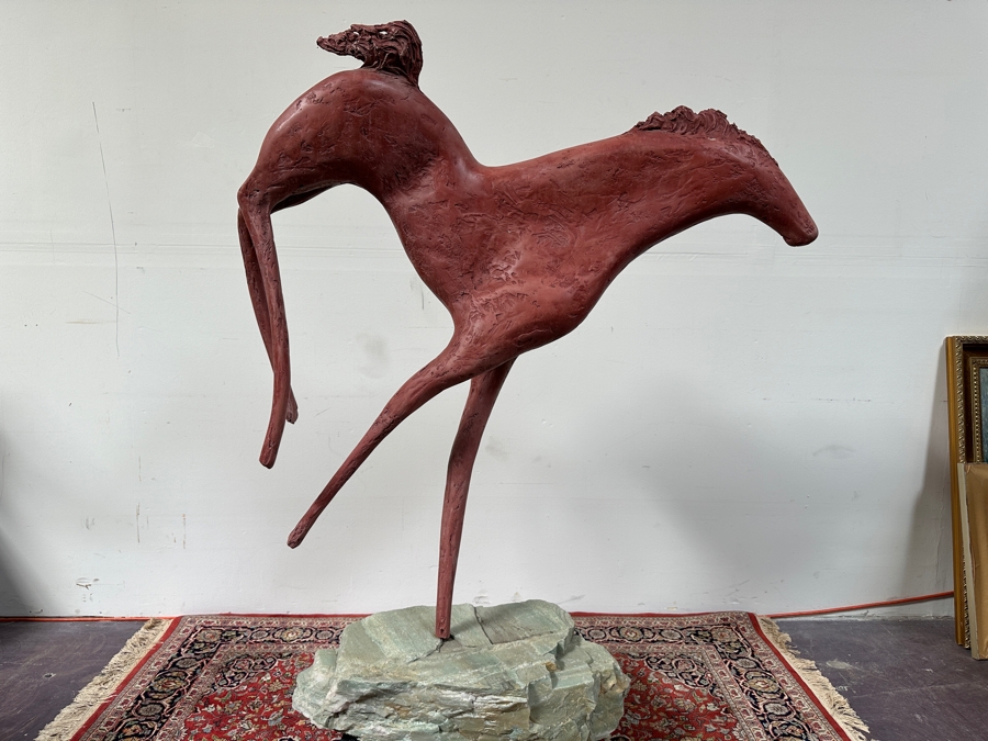 Rick Gregg Large Original Horse Sculpture 1997 On Large Green Stone Base (This Is A Model Of An Outdoor Public Sculpture) 44W X 14D X 55H [Photo 3]