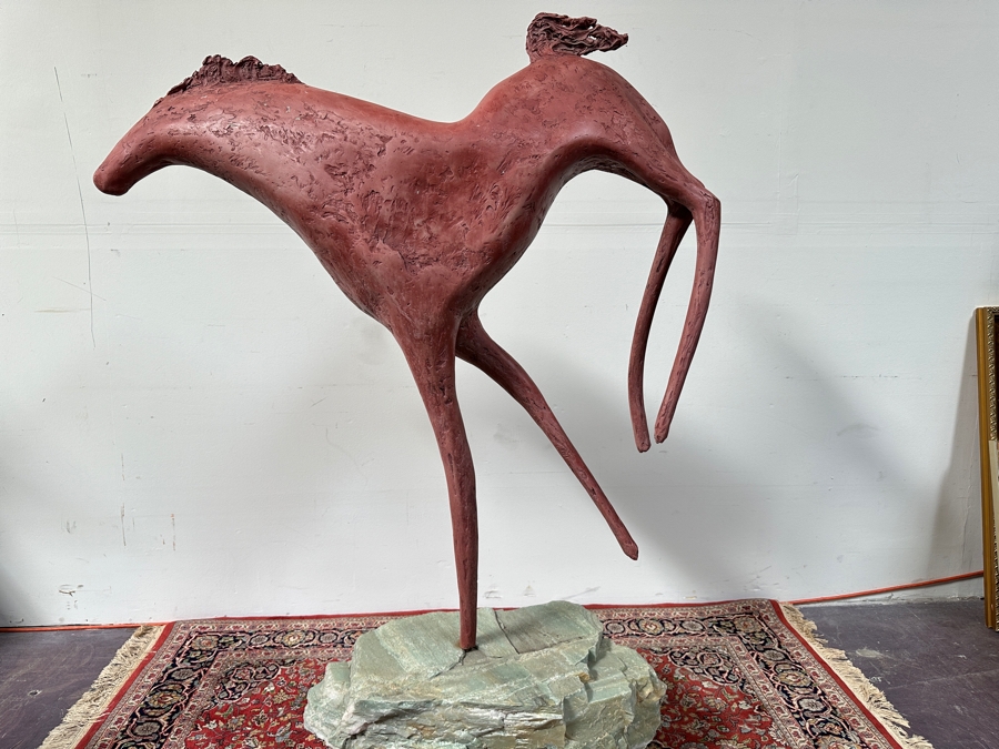 Rick Gregg Large Original Horse Sculpture 1997 On Large Green Stone Base (This Is A Model Of An Outdoor Public Sculpture) 44W X 14D X 55H [Photo 13]