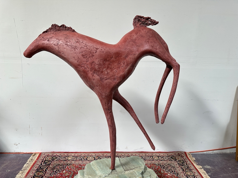 Rick Gregg Large Original Horse Sculpture 1997 On Large Green Stone Base (This Is A Model Of An Outdoor Public Sculpture) 44W X 14D X 55H [Photo 14]