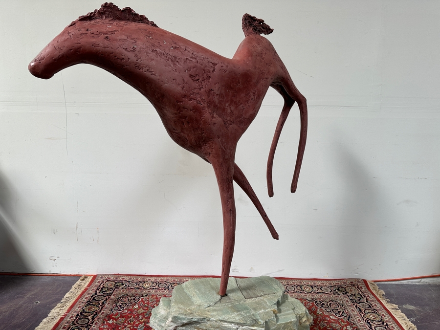 Rick Gregg Large Original Horse Sculpture 1997 On Large Green Stone Base (This Is A Model Of An Outdoor Public Sculpture) 44W X 14D X 55H [Photo 11]