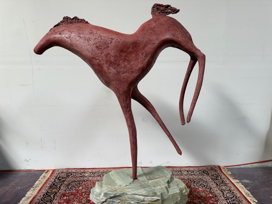Rick Gregg Large Original Horse Sculpture 1997 On Large Green Stone Base (This Is A Model Of An Outdoor Public Sculpture) 44W X 14D X 55H [Photo 12]