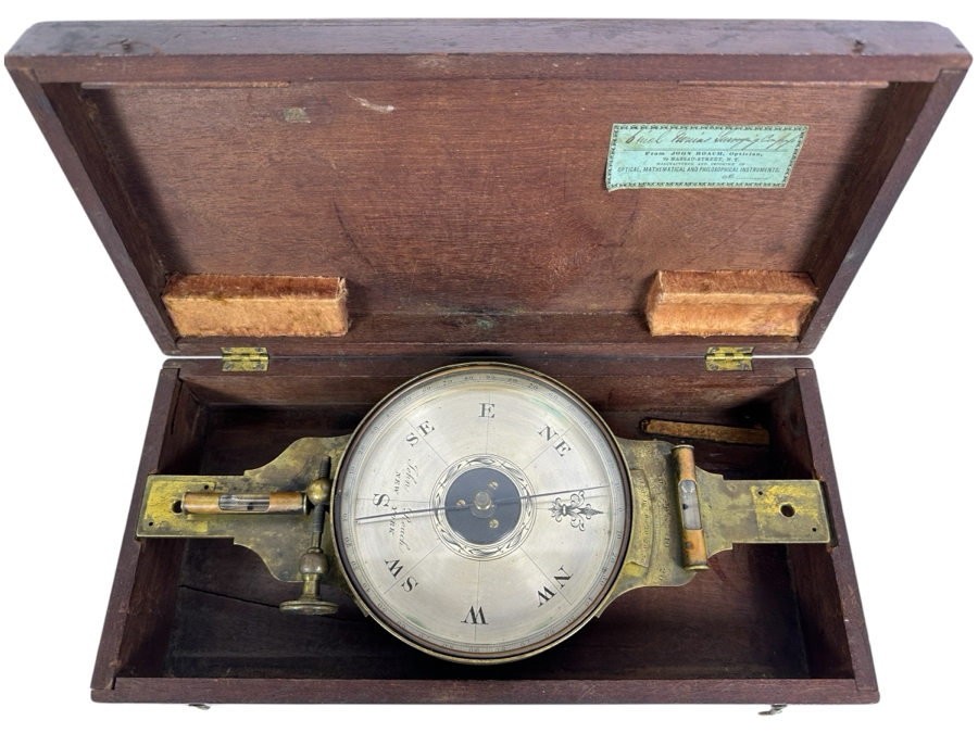 Antique 1800s John Roach, Optician Cased Brass Surveyor's Compass Used For Measuring Horizontal Angles In Land Surveying 79 Nassau Street, New York, NY 14.25W X 7D X 3.5H [Photo 1]