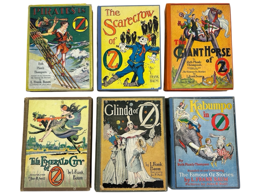 (6) Vintage L. Frank Baum Oz Hardcover Books: Pirates In Oz, The Scarecrow Of Oz, The Giant Horse Of Oz, The Emerald City Of Oz, Glinda Of Oz & Kabumpo In Oz Dating From 1910-1931 [Photo 1]