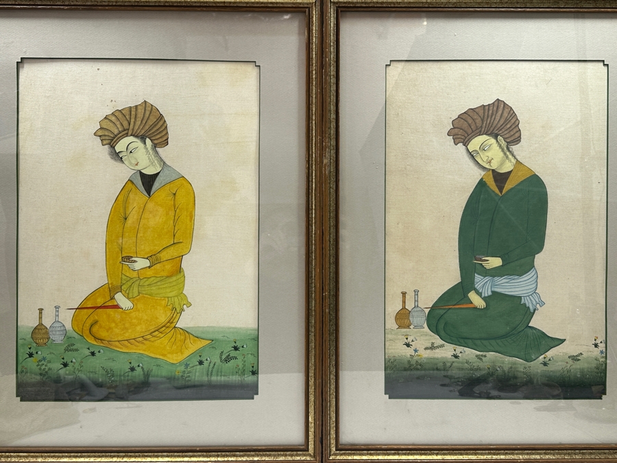 Antique Original Pair Of Persian Paintings Depicting A Kneeling Youth (Possibly A Cupbearer) Holding A Cup 13.25 X 20.5 Framed 22 X 28 [Photo 1]