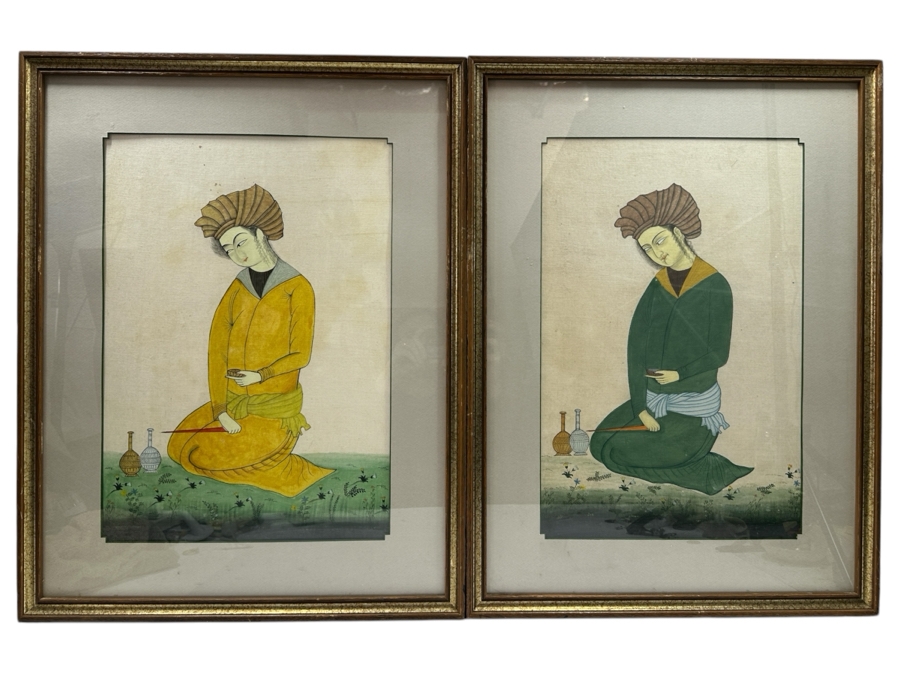 Antique Original Pair Of Persian Paintings Depicting A Kneeling Youth (Possibly A Cupbearer) Holding A Cup 13.25 X 20.5 Framed 22 X 28 [Photo 2]