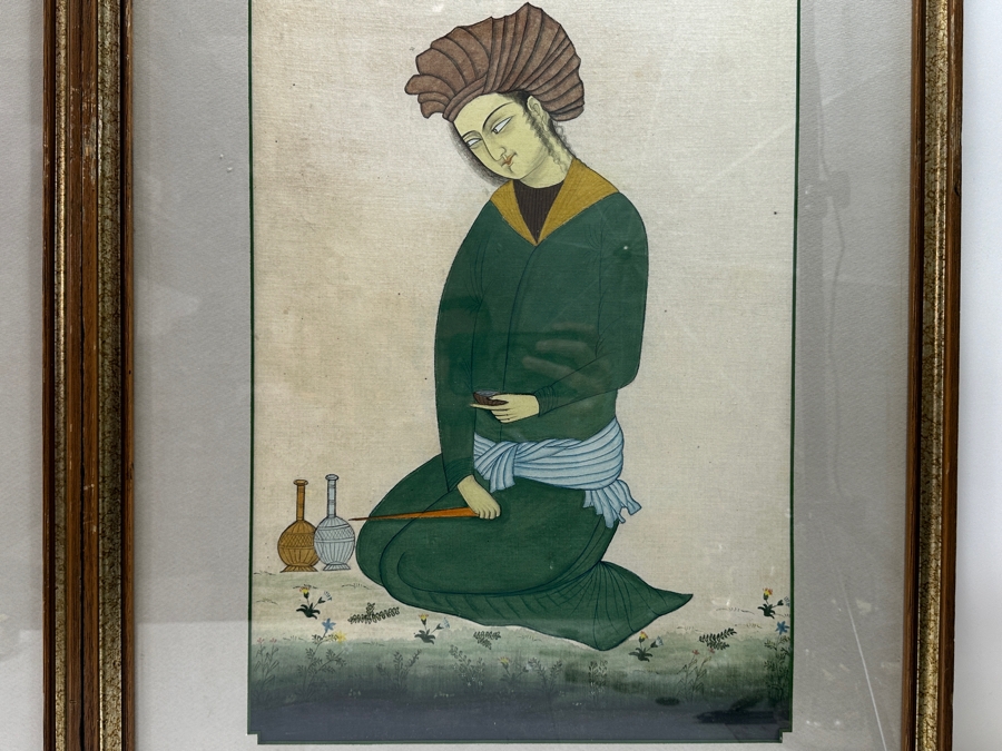 Antique Original Pair Of Persian Paintings Depicting A Kneeling Youth (Possibly A Cupbearer) Holding A Cup 13.25 X 20.5 Framed 22 X 28 [Photo 9]