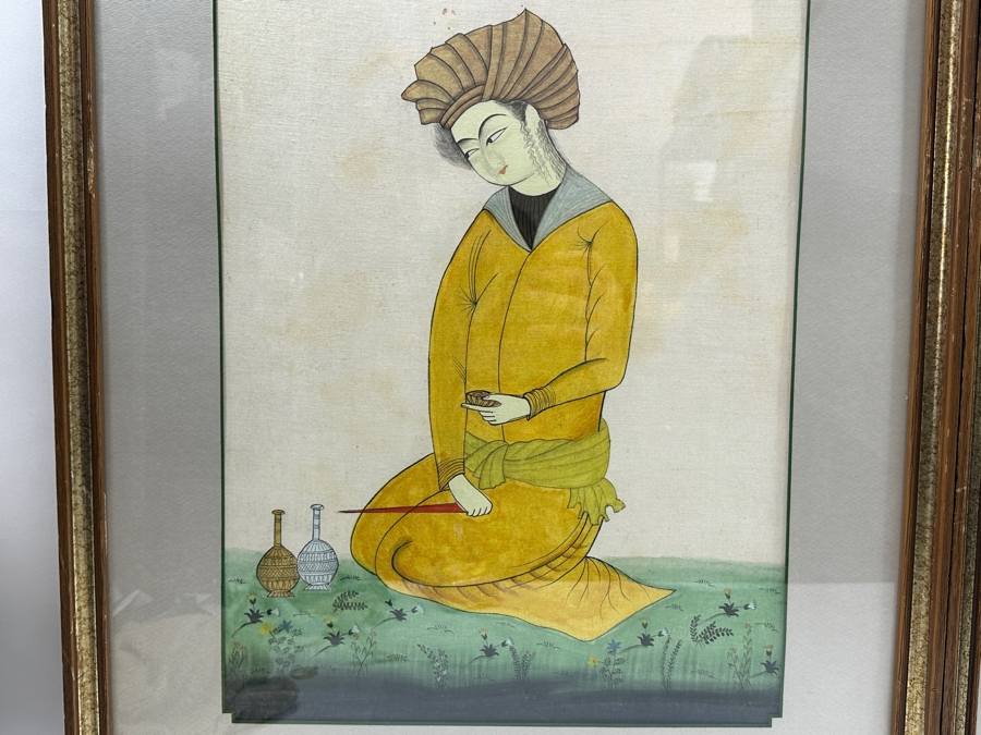 Antique Original Pair Of Persian Paintings Depicting A Kneeling Youth (Possibly A Cupbearer) Holding A Cup 13.25 X 20.5 Framed 22 X 28 [Photo 3]