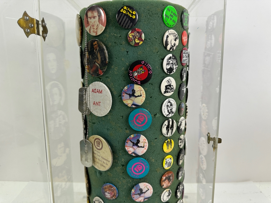 Huge Collection Of Vintage 1980s Punk Rock 'Adam And The Ants' Buttons (And About 8 Oingo Boingo Buttons) Displayed In A Circular Rotating Acrylic Display Case 10W X 10D X 21H - See Photos [Photo 20]