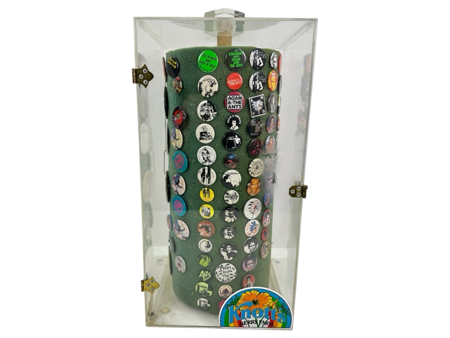 Huge Collection Of Vintage 1980s Punk Rock 'Adam And The Ants' Buttons (And About 8 Oingo Boingo Buttons) Displayed In A Circular Rotating Acrylic Display Case 10W X 10D X 21H - See Photos