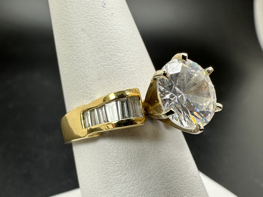 JUST ADDED - 14k Gold Ring With CZ Center Surrounded By (12) Diamond Baguettes Est. 1/2cttw Size 7.5 6.3g Retails $2,000 [Photo 5]