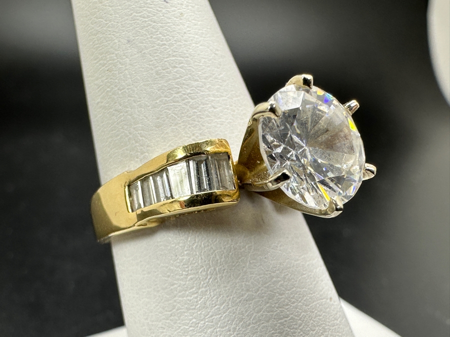 JUST ADDED - 14k Gold Ring With CZ Center Surrounded By (12) Diamond Baguettes Est. 1/2cttw Size 7.5 6.3g Retails $2,000 [Photo 7]