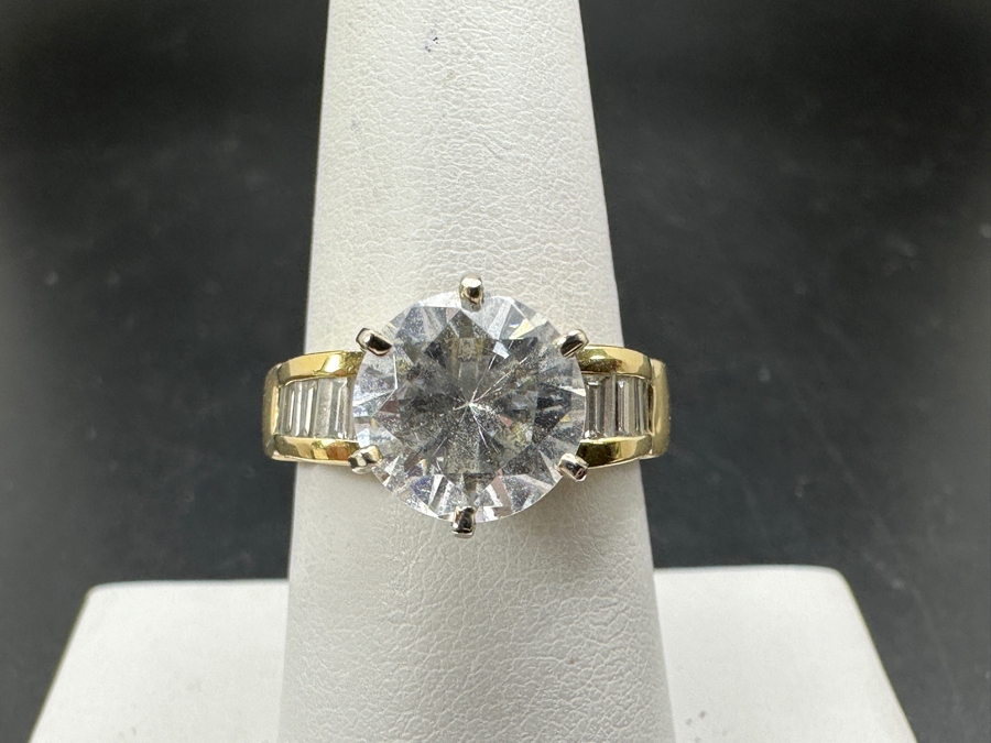 JUST ADDED - 14k Gold Ring With CZ Center Surrounded By (12) Diamond Baguettes Est. 1/2cttw Size 7.5 6.3g Retails $2,000 [Photo 2]