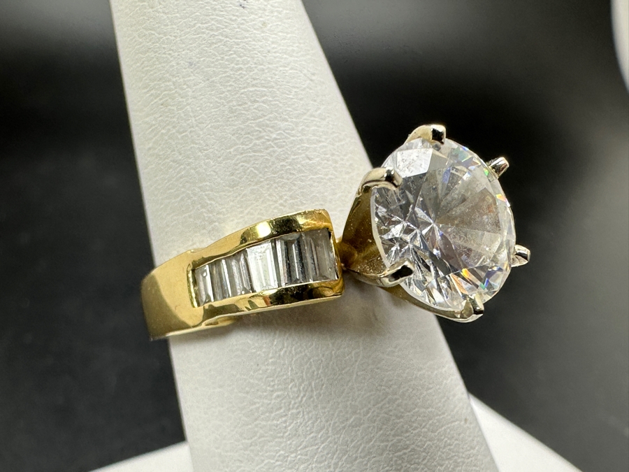 JUST ADDED - 14k Gold Ring With CZ Center Surrounded By (12) Diamond Baguettes Est. 1/2cttw Size 7.5 6.3g Retails $2,000 [Photo 6]
