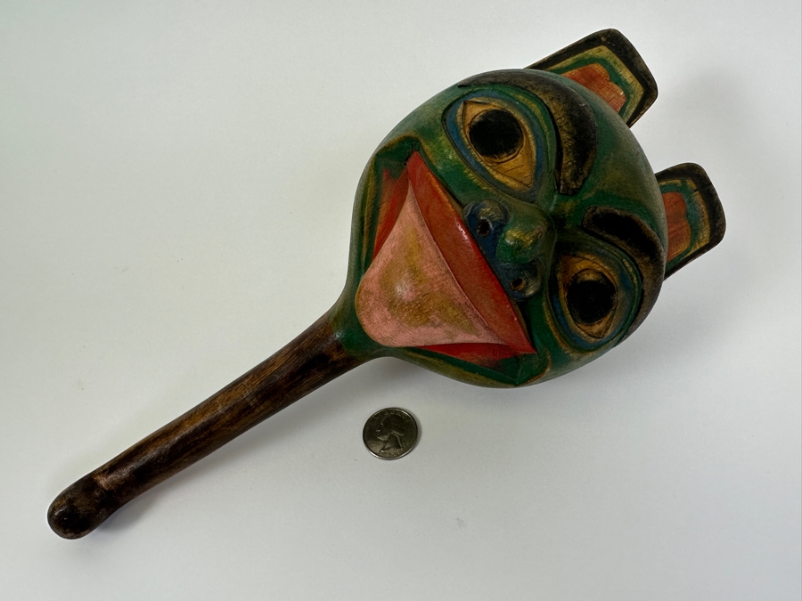 Vintage Carved Wooden Hand Painted Pacific Northwest Coast Haida Tlingit Rattle 5W X 12L [Photo 7]